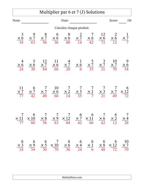 Multiplier (1 à 12) par 6 et 7 (50 Questions) (J) page 2