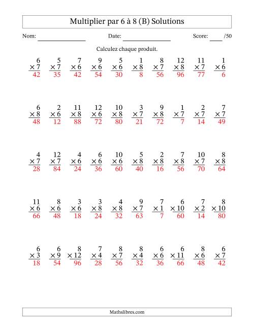 Multiplier (1 à 12) par 6 à 8 (50 Questions) (B) page 2