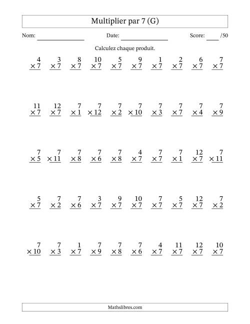 Multiplier (1 à 12) par 7 (50 Questions) (G)