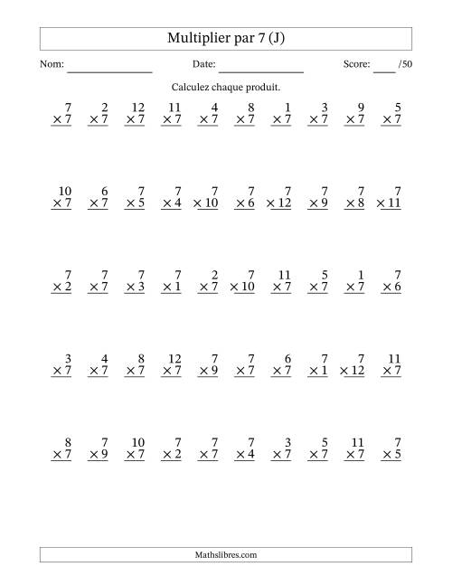 Multiplier (1 à 12) par 7 (50 Questions) (J)