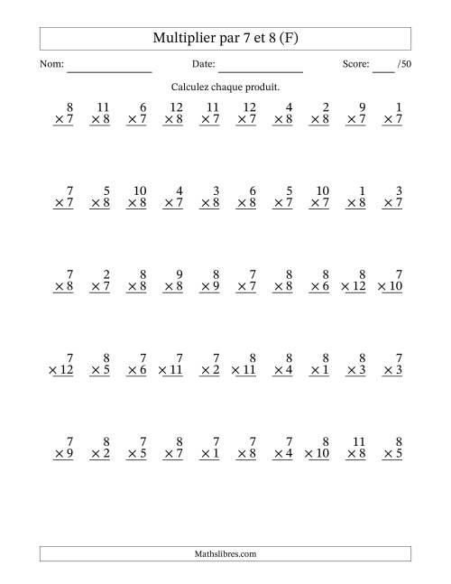 Multiplier (1 à 12) par 7 et 8 (50 Questions) (F)