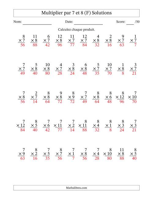 Multiplier (1 à 12) par 7 et 8 (50 Questions) (F) page 2