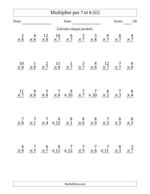 Multiplier (1 à 12) par 7 et 8 (50 Questions) (G)