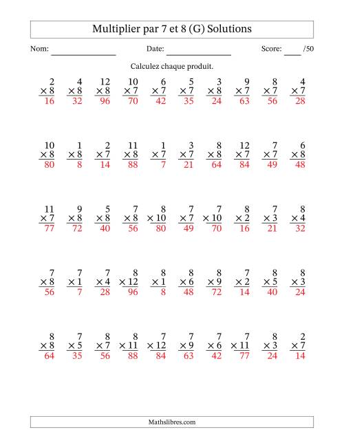 Multiplier (1 à 12) par 7 et 8 (50 Questions) (G) page 2