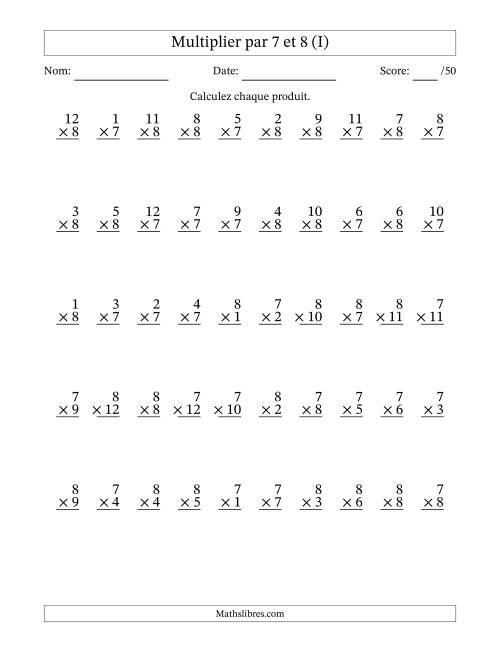 Multiplier (1 à 12) par 7 et 8 (50 Questions) (I)