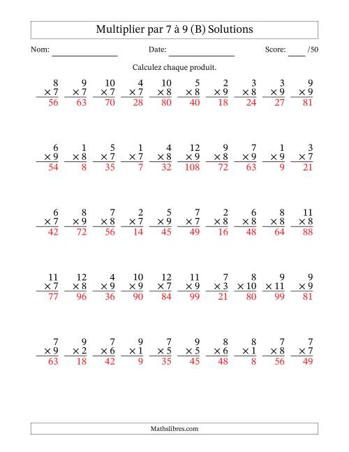Multiplier (1 à 12) par 7 à 9 (50 Questions) (B) page 2