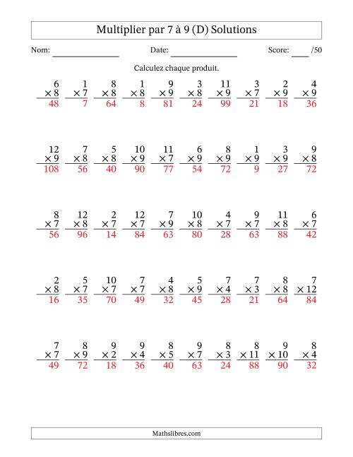 Multiplier (1 à 12) par 7 à 9 (50 Questions) (D) page 2