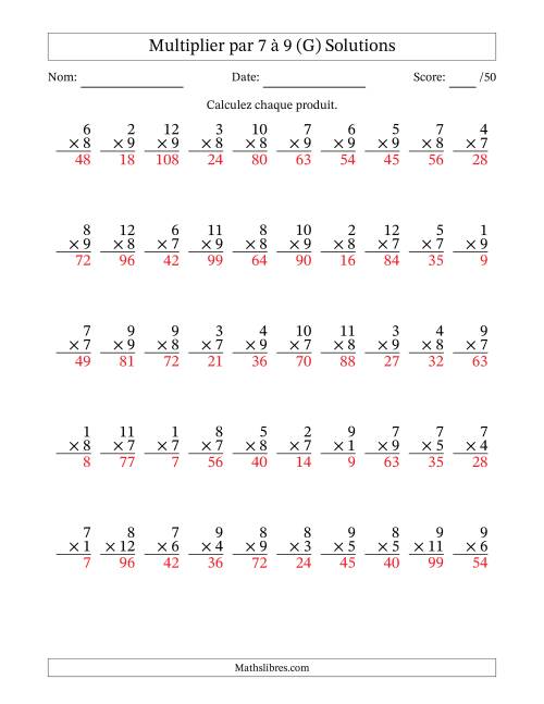 Multiplier (1 à 12) par 7 à 9 (50 Questions) (G) page 2