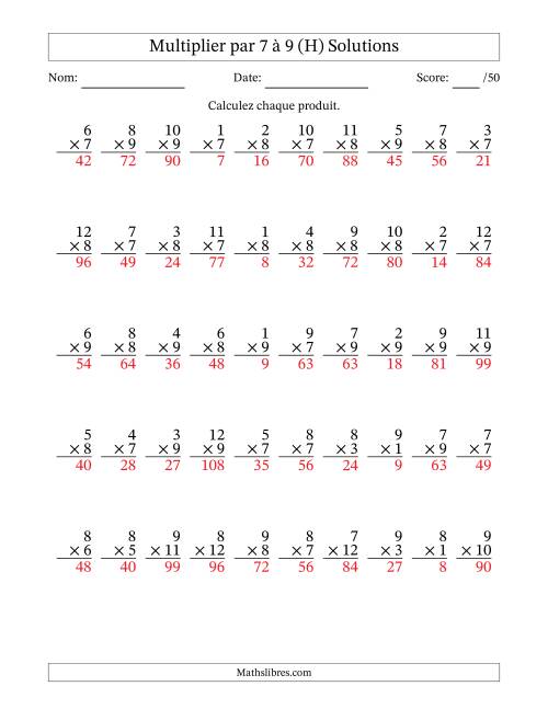 Multiplier (1 à 12) par 7 à 9 (50 Questions) (H) page 2