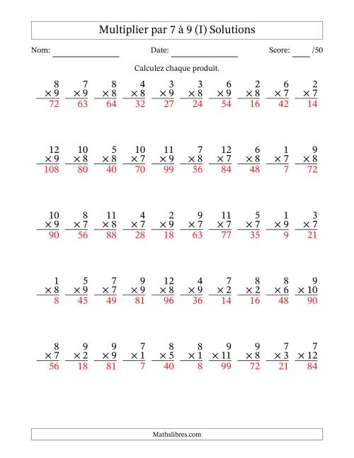 Multiplier (1 à 12) par 7 à 9 (50 Questions) (I) page 2