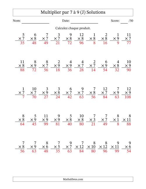 Multiplier (1 à 12) par 7 à 9 (50 Questions) (J) page 2