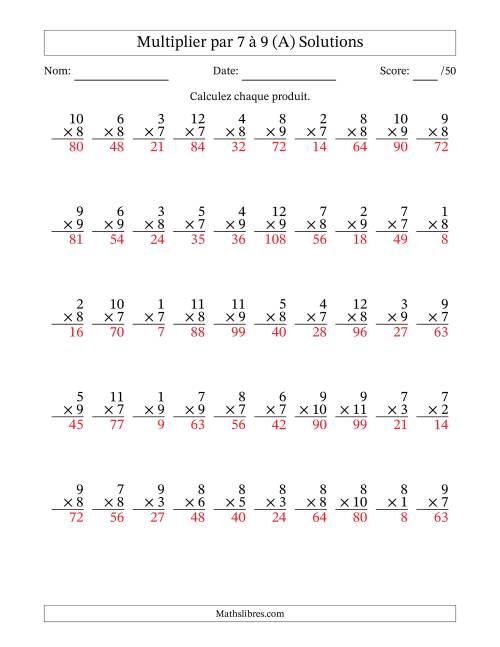 Multiplier (1 à 12) par 7 à 9 (50 Questions) (Tout) page 2