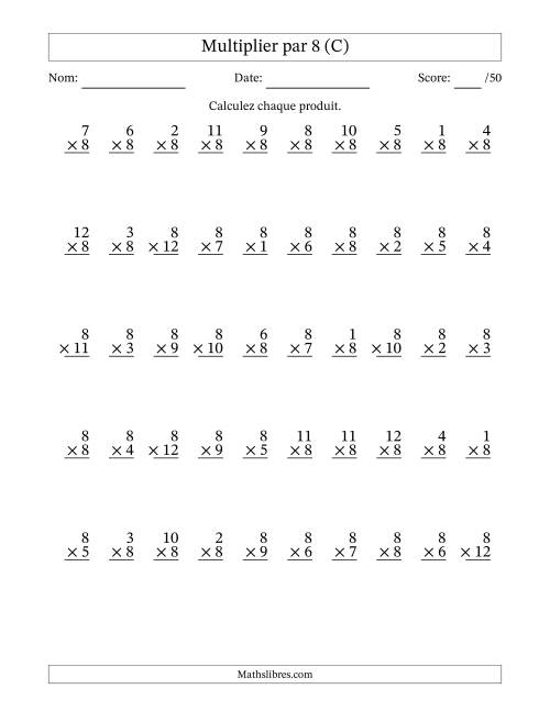 Multiplier (1 à 12) par 8 (50 Questions) (C)