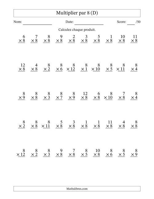 Multiplier (1 à 12) par 8 (50 Questions) (D)