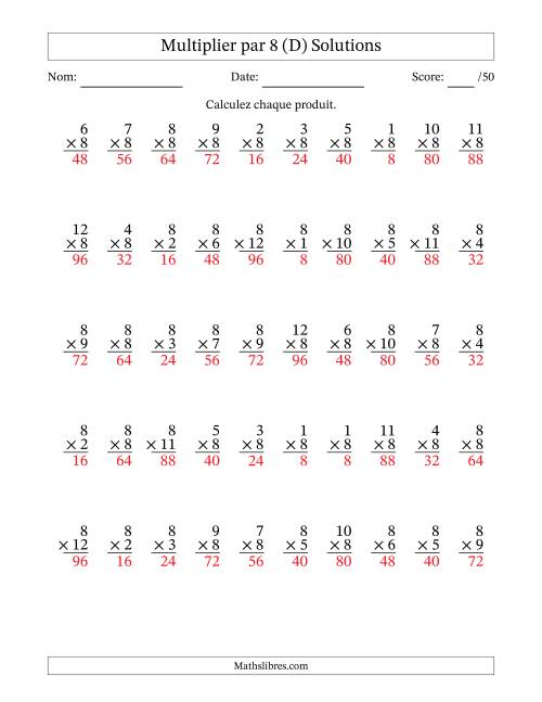 Multiplier (1 à 12) par 8 (50 Questions) (D) page 2