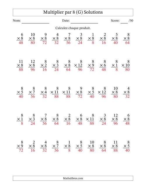 Multiplier (1 à 12) par 8 (50 Questions) (G) page 2