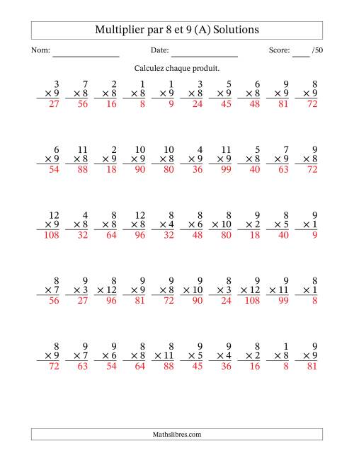 Multiplier (1 à 12) par 8 et 9 (50 Questions) (A) page 2