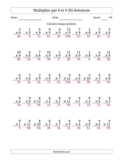 Multiplier (1 à 12) par 8 et 9 (50 Questions) (B) page 2