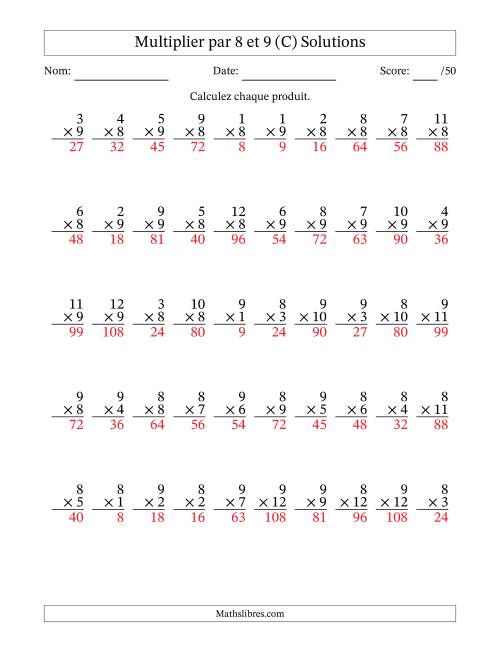 Multiplier (1 à 12) par 8 et 9 (50 Questions) (C) page 2