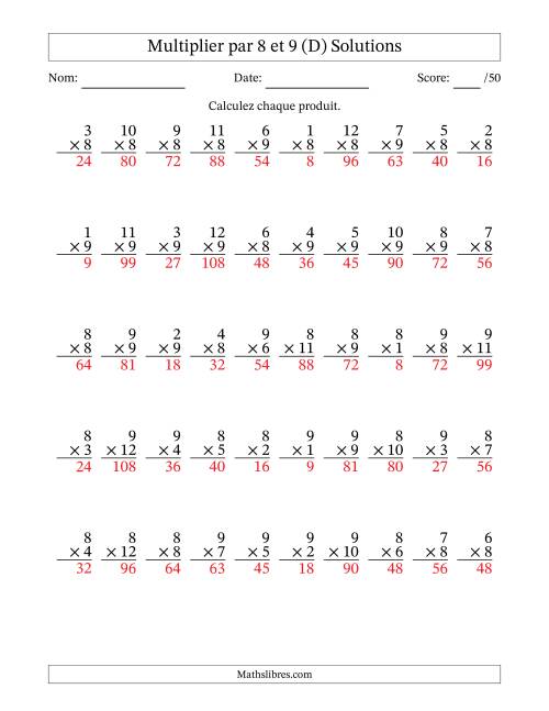 Multiplier (1 à 12) par 8 et 9 (50 Questions) (D) page 2