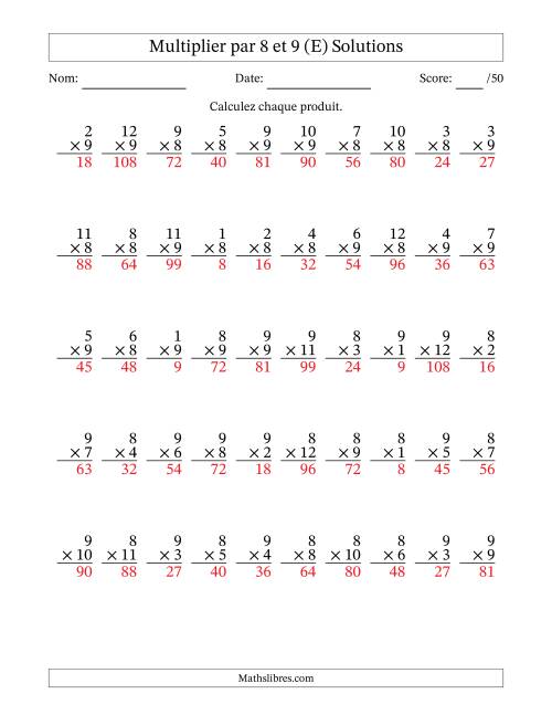 Multiplier (1 à 12) par 8 et 9 (50 Questions) (E) page 2