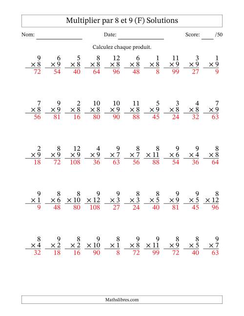 Multiplier (1 à 12) par 8 et 9 (50 Questions) (F) page 2