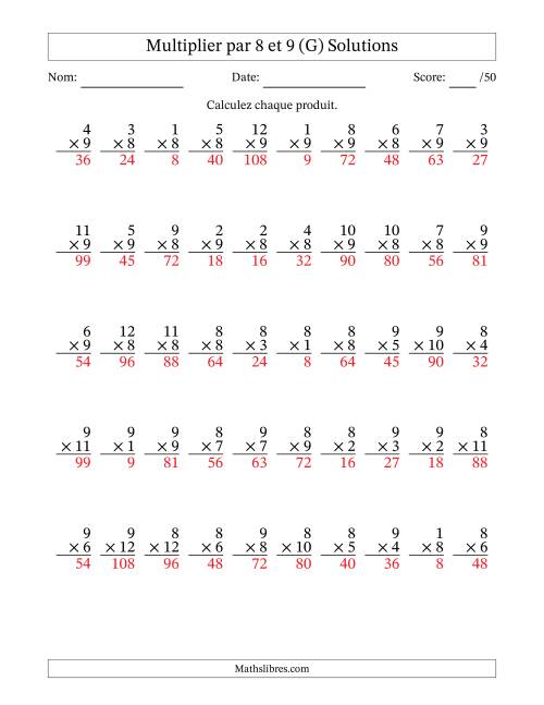 Multiplier (1 à 12) par 8 et 9 (50 Questions) (G) page 2