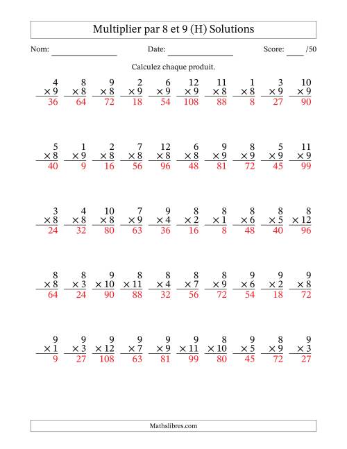 Multiplier (1 à 12) par 8 et 9 (50 Questions) (H) page 2
