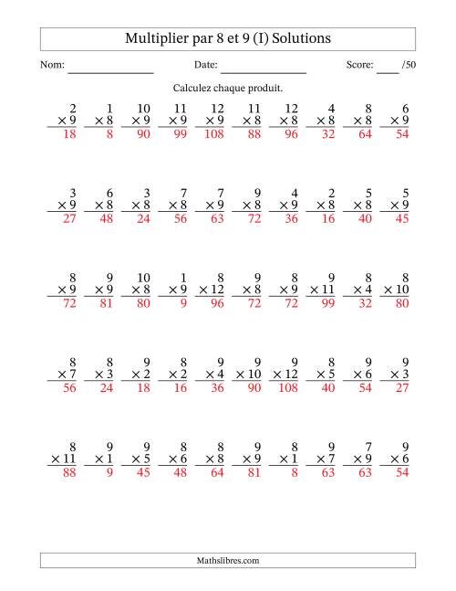 Multiplier (1 à 12) par 8 et 9 (50 Questions) (I) page 2