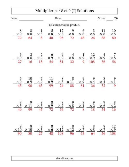 Multiplier (1 à 12) par 8 et 9 (50 Questions) (J) page 2