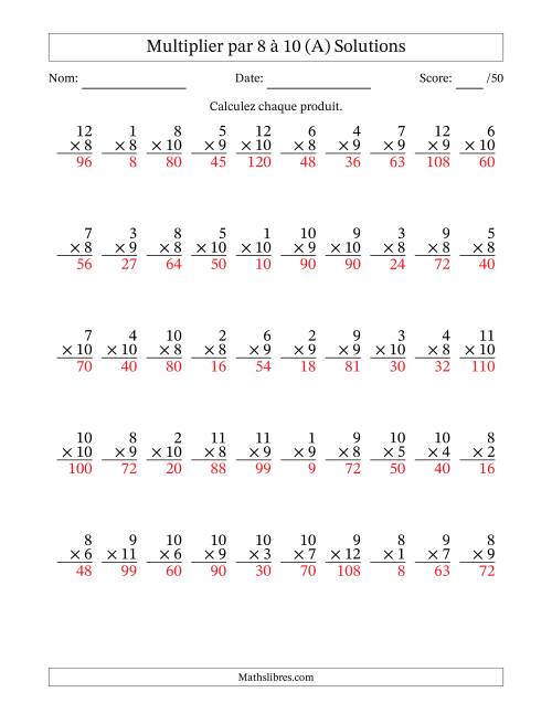 Multiplier (1 à 12) par 8 à 10 (50 Questions) (A) page 2