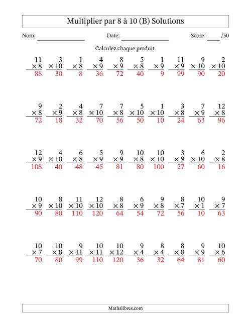Multiplier (1 à 12) par 8 à 10 (50 Questions) (B) page 2