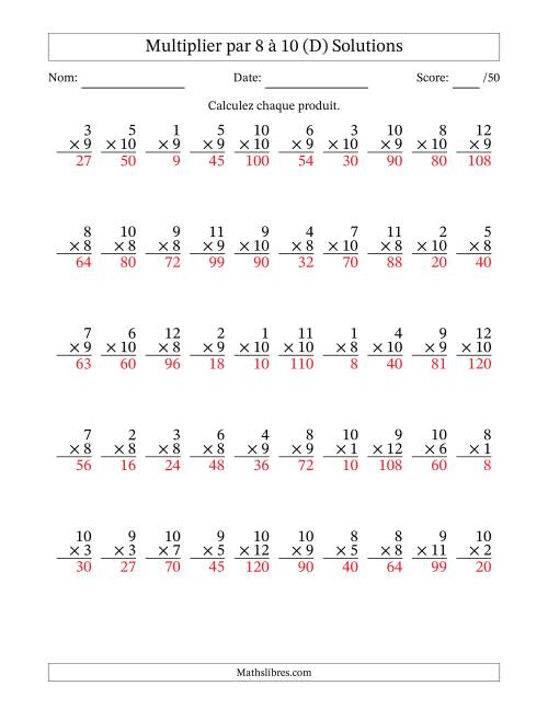 Multiplier (1 à 12) par 8 à 10 (50 Questions) (D) page 2