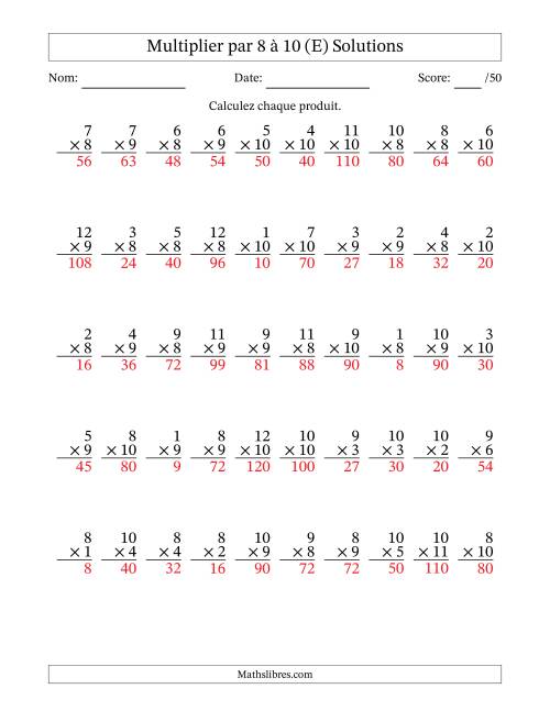 Multiplier (1 à 12) par 8 à 10 (50 Questions) (E) page 2