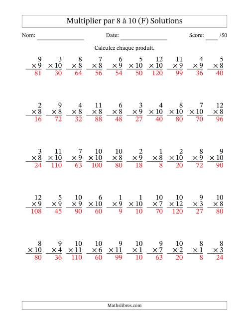 Multiplier (1 à 12) par 8 à 10 (50 Questions) (F) page 2