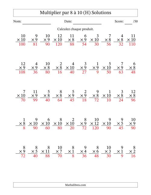 Multiplier (1 à 12) par 8 à 10 (50 Questions) (H) page 2
