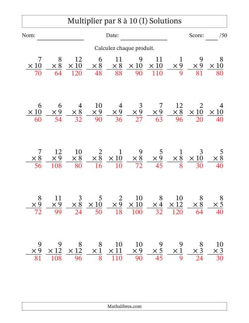 Multiplier (1 à 12) par 8 à 10 (50 Questions) (I) page 2
