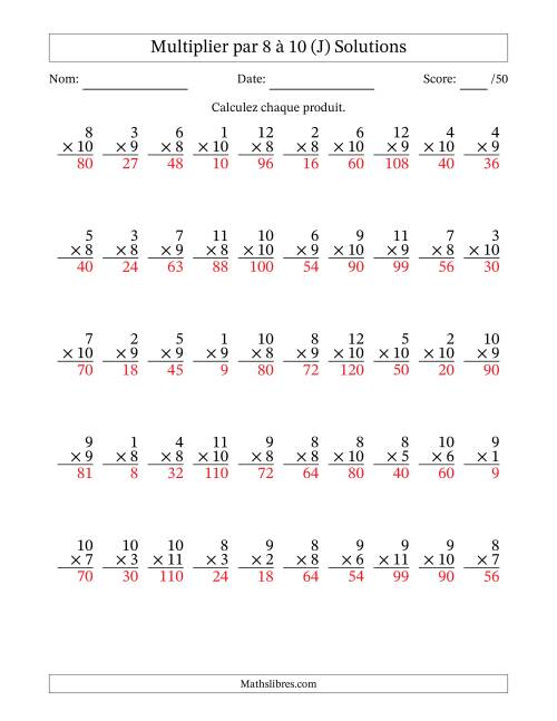 Multiplier (1 à 12) par 8 à 10 (50 Questions) (J) page 2