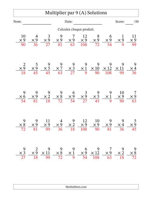 Multiplier (1 à 12) par 9 (50 Questions) (A) page 2