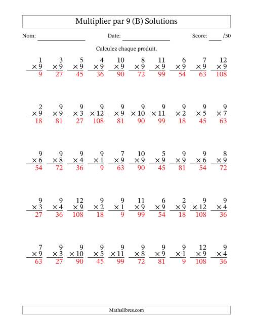 Multiplier (1 à 12) par 9 (50 Questions) (B) page 2