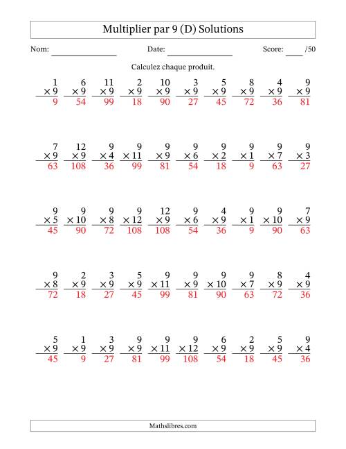 Multiplier (1 à 12) par 9 (50 Questions) (D) page 2