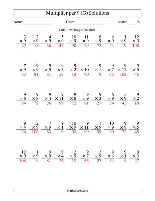 Multiplier (1 à 12) par 9 (50 Questions) (G) page 2