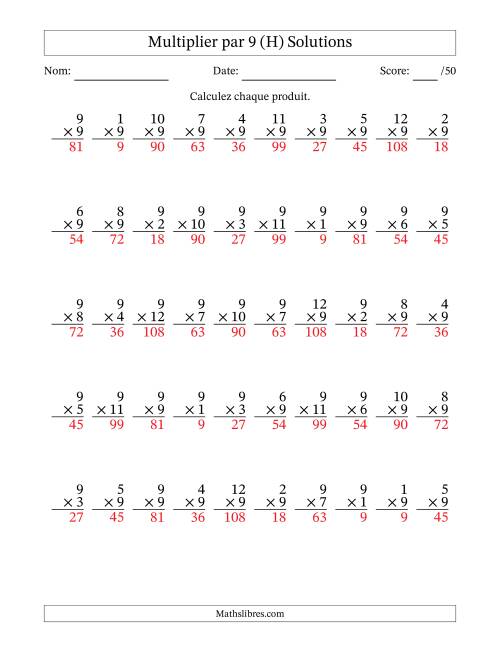 Multiplier (1 à 12) par 9 (50 Questions) (H) page 2