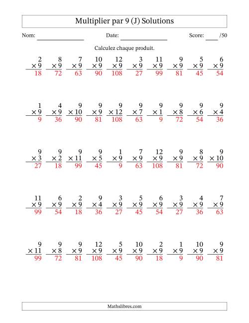 Multiplier (1 à 12) par 9 (50 Questions) (J) page 2