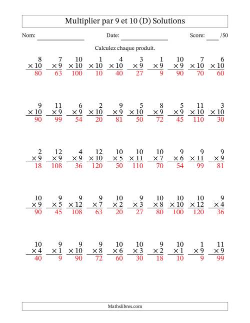 Multiplier (1 à 12) par 9 et 10 (50 Questions) (D) page 2