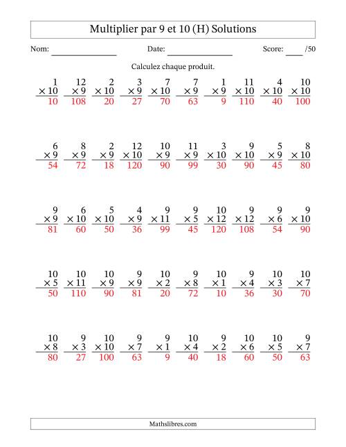 Multiplier (1 à 12) par 9 et 10 (50 Questions) (H) page 2