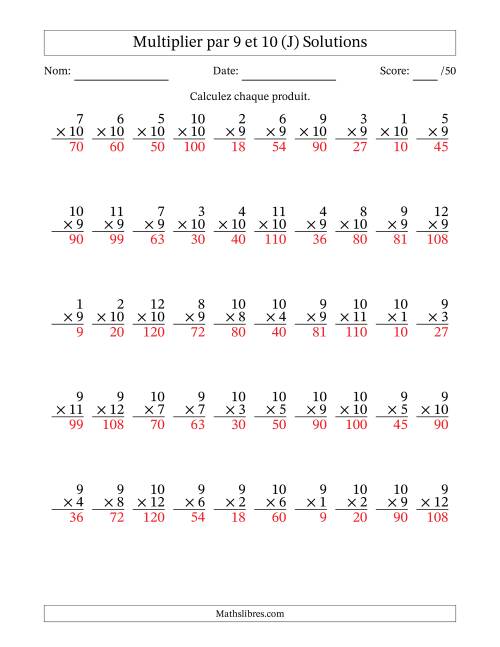 Multiplier (1 à 12) par 9 et 10 (50 Questions) (J) page 2