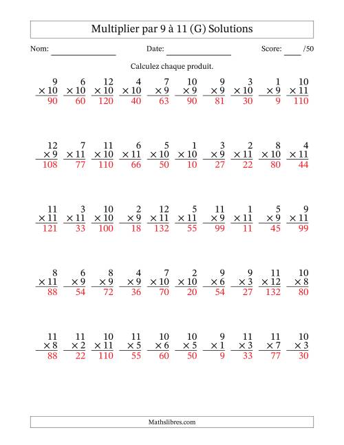 Multiplier (1 à 12) par 9 à 11 (50 Questions) (G) page 2