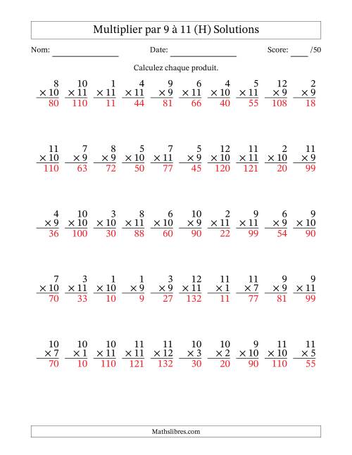 Multiplier (1 à 12) par 9 à 11 (50 Questions) (H) page 2