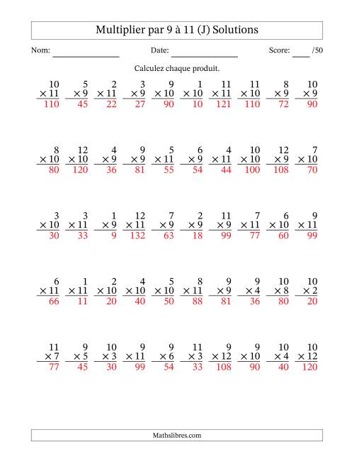 Multiplier (1 à 12) par 9 à 11 (50 Questions) (J) page 2